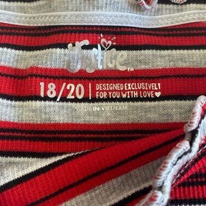 •justice kids long sleeve tee , grey, black, and red.